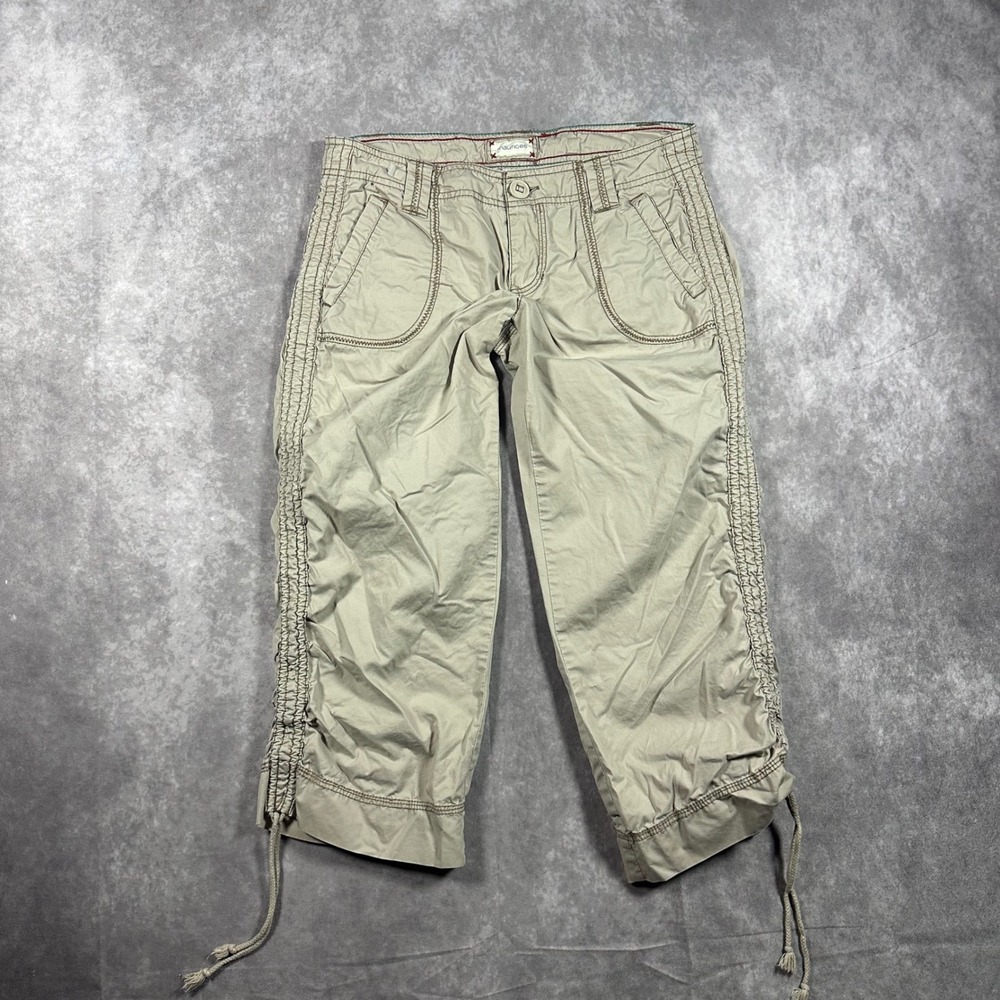 Maurices Women's Khaki Cargo Capri Pants Size 5/6 Ruched Side Drawstring Hem Y2K